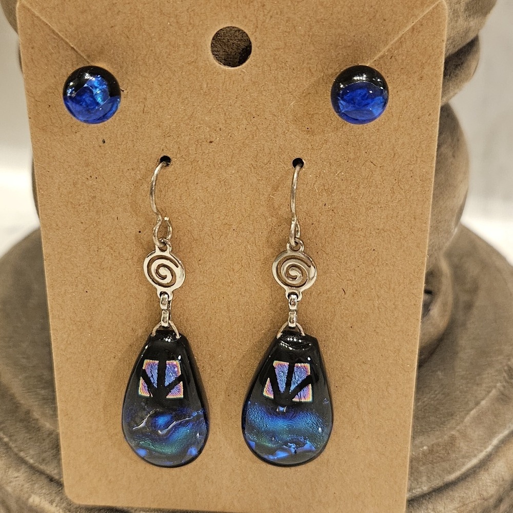Artisan Blue Cobalt Foiled Glass Art Stud & Dangle Earrings Boho